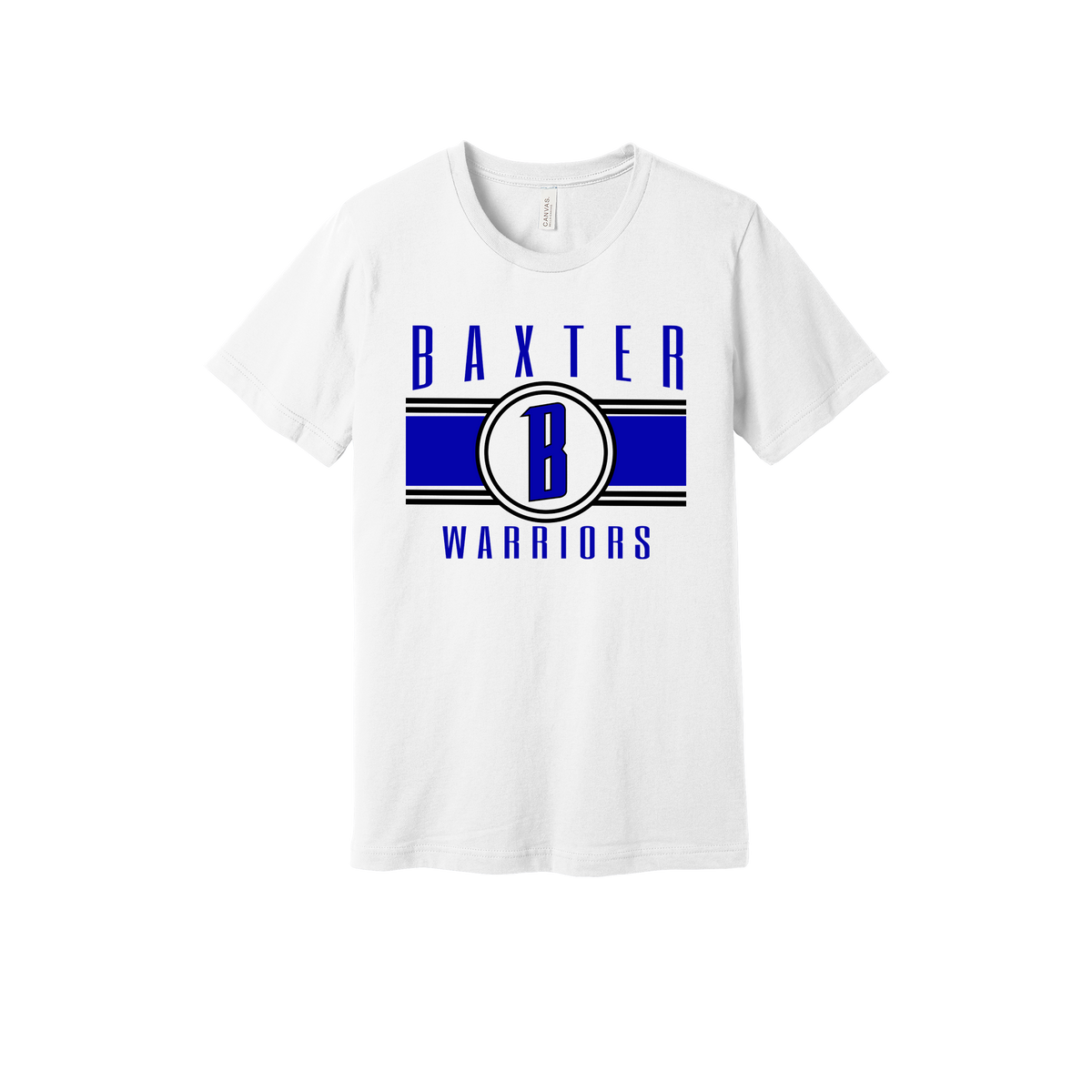 Baxter Warriors Blue & Black Apparel - blue and black design on a White adult T-shirt, front view.