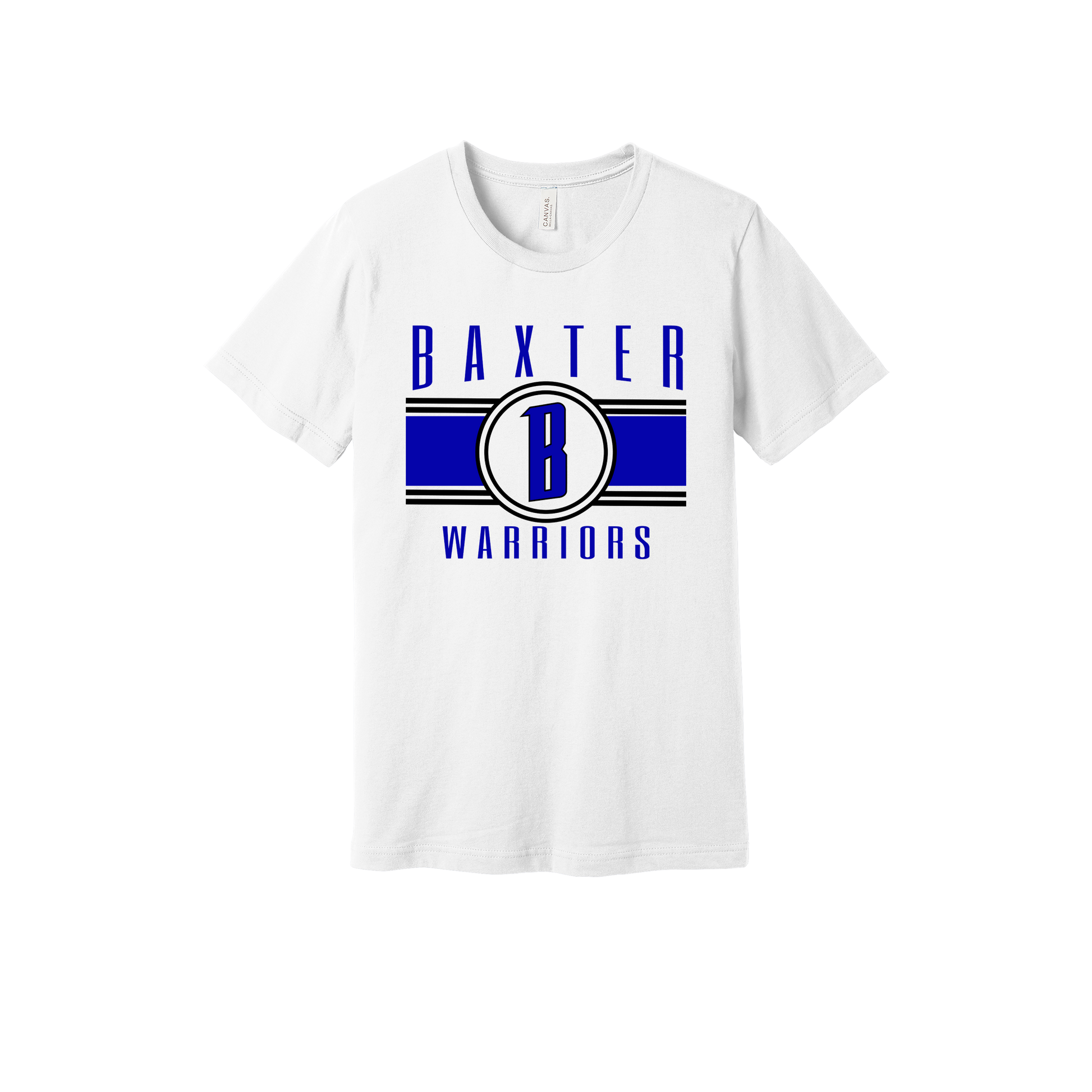 Baxter Warriors Blue & Black Apparel - blue and black design on a White adult T-shirt, front view.