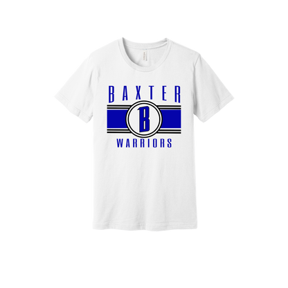 Baxter Warriors Blue & Black Apparel - blue and black design on a White adult T-shirt, front view.