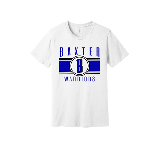 Baxter Warriors Blue & Black Apparel - blue and black design on a White adult T-shirt, front view.