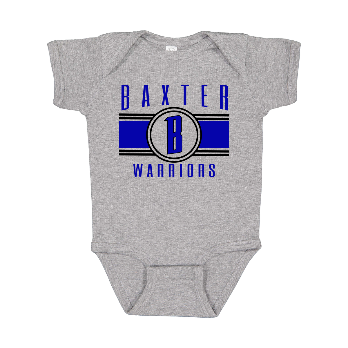 Baxter Warriors Blue & Black Apparel - blue and black design on a Gray infant onesie, front view.