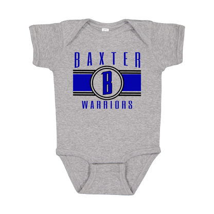 Baxter Warriors Blue & Black Apparel - blue and black design on a Gray infant onesie, front view.