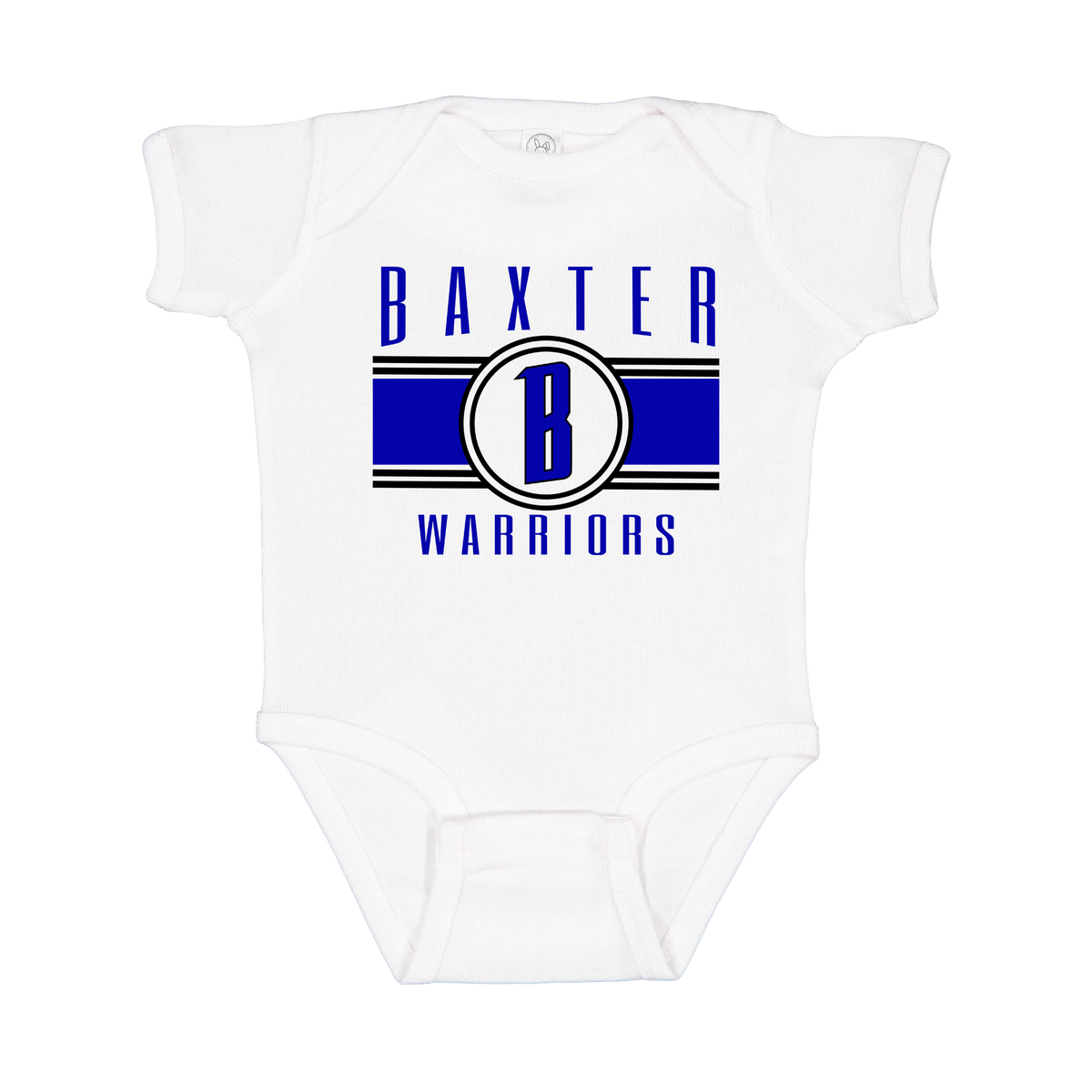 Baxter Warriors Blue & Black Apparel - blue and black design on a White infant onesie, front view.