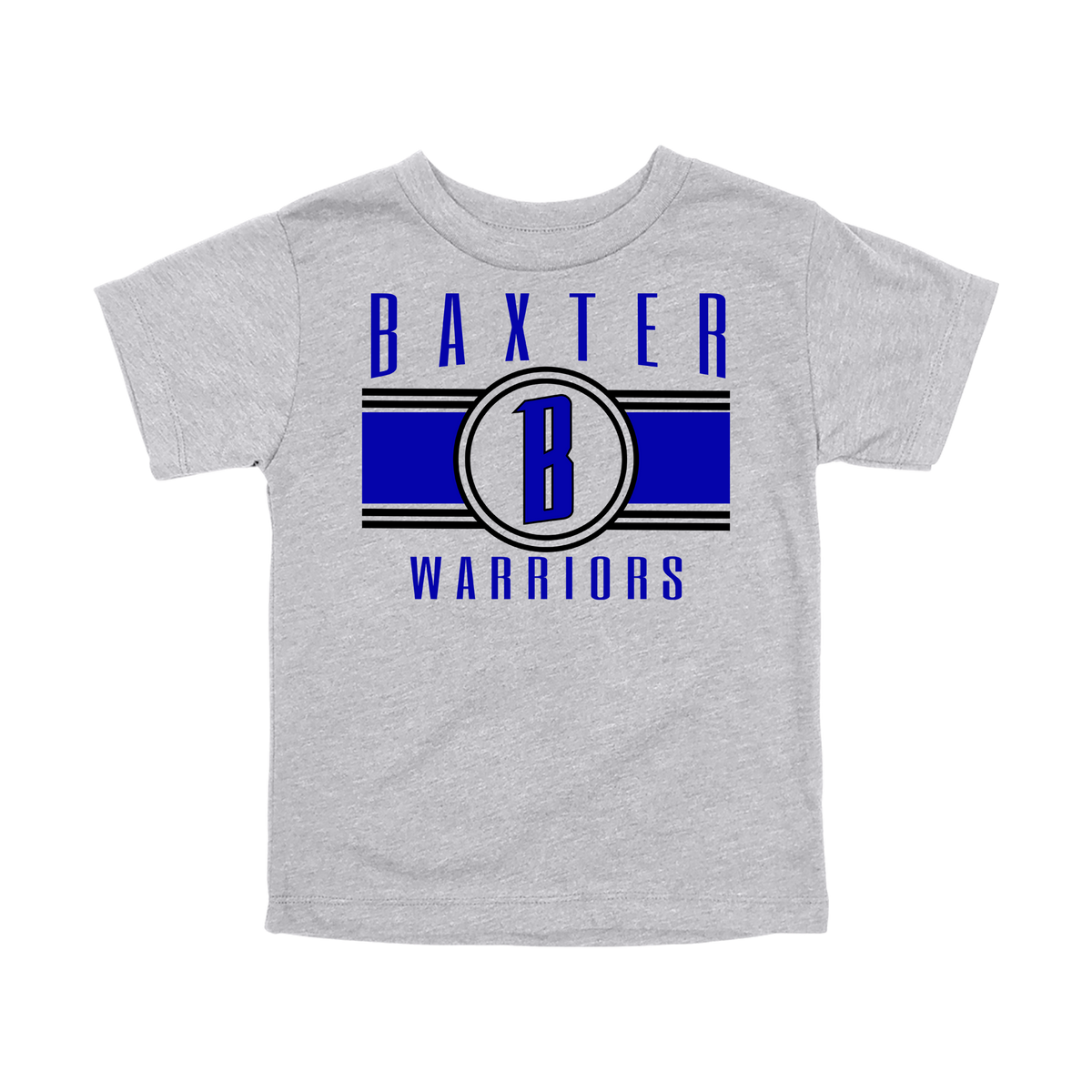 Baxter Warriors Blue & Black Apparel - blue and black design on a Gray toddler T-shirt, front view.