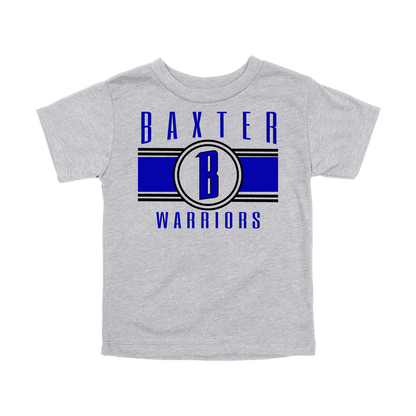 Baxter Warriors Blue & Black Apparel - blue and black design on a Gray toddler T-shirt, front view.