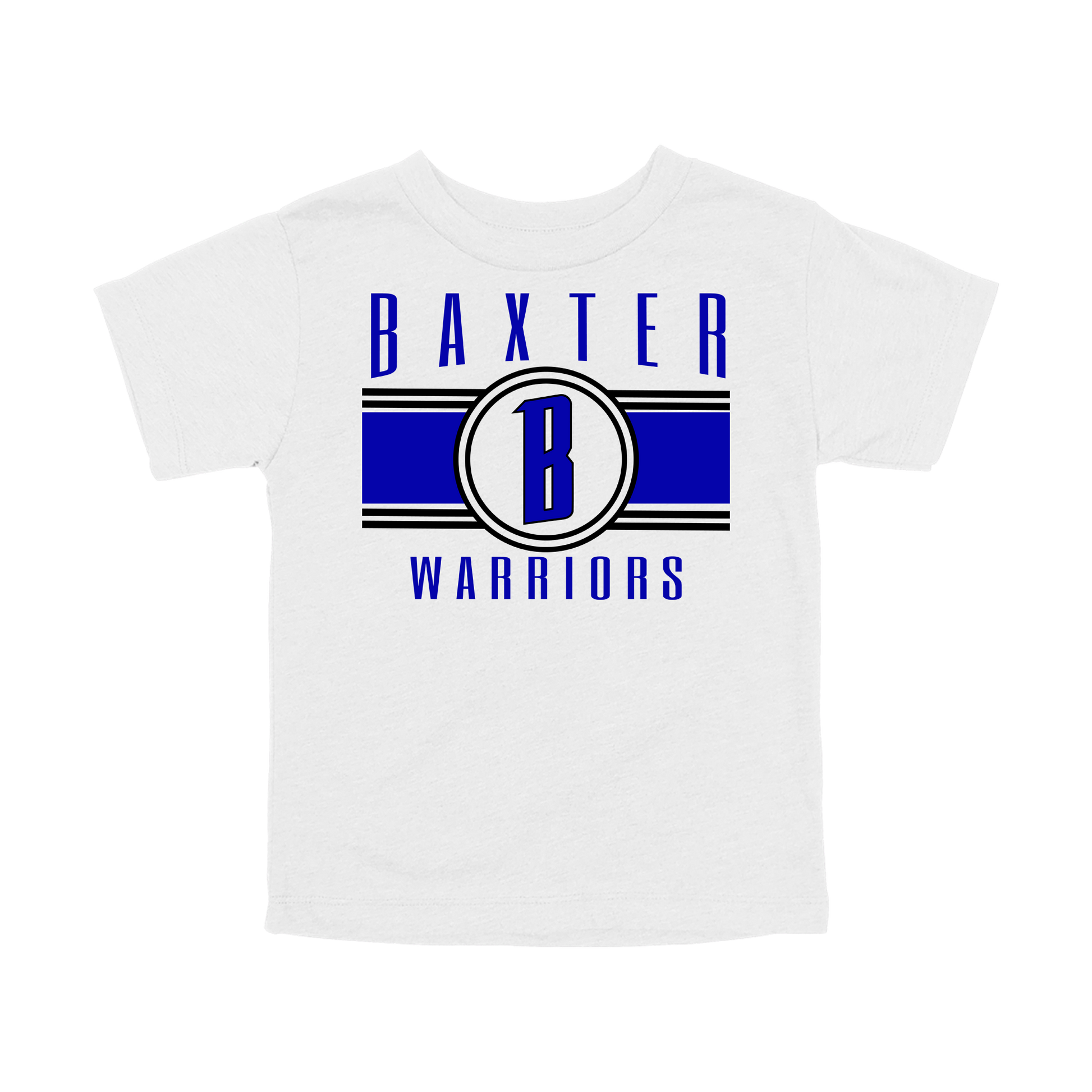 Baxter Warriors Blue & Black Apparel - blue and black design on a White toddler T-shirt, front view.