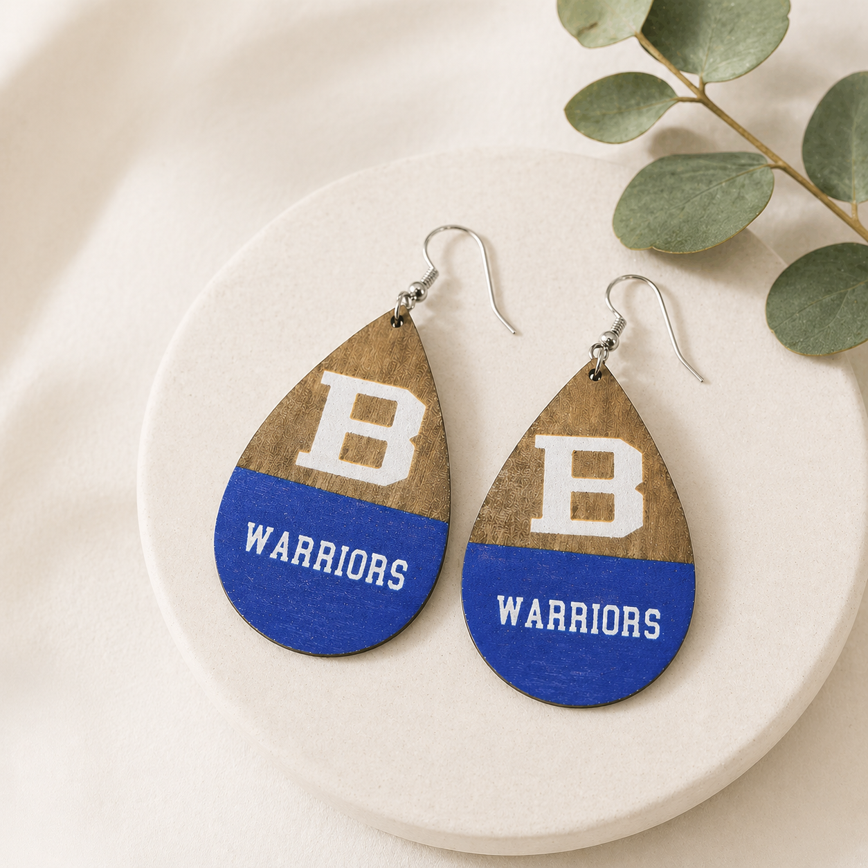 Brainerd Warriors wooden earrings with school spirit design