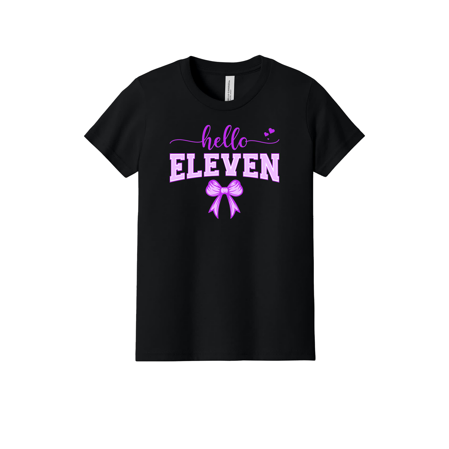 11th Birthday Apparel design on official Youth Bella+Canvas T-shirt in Black, front view.