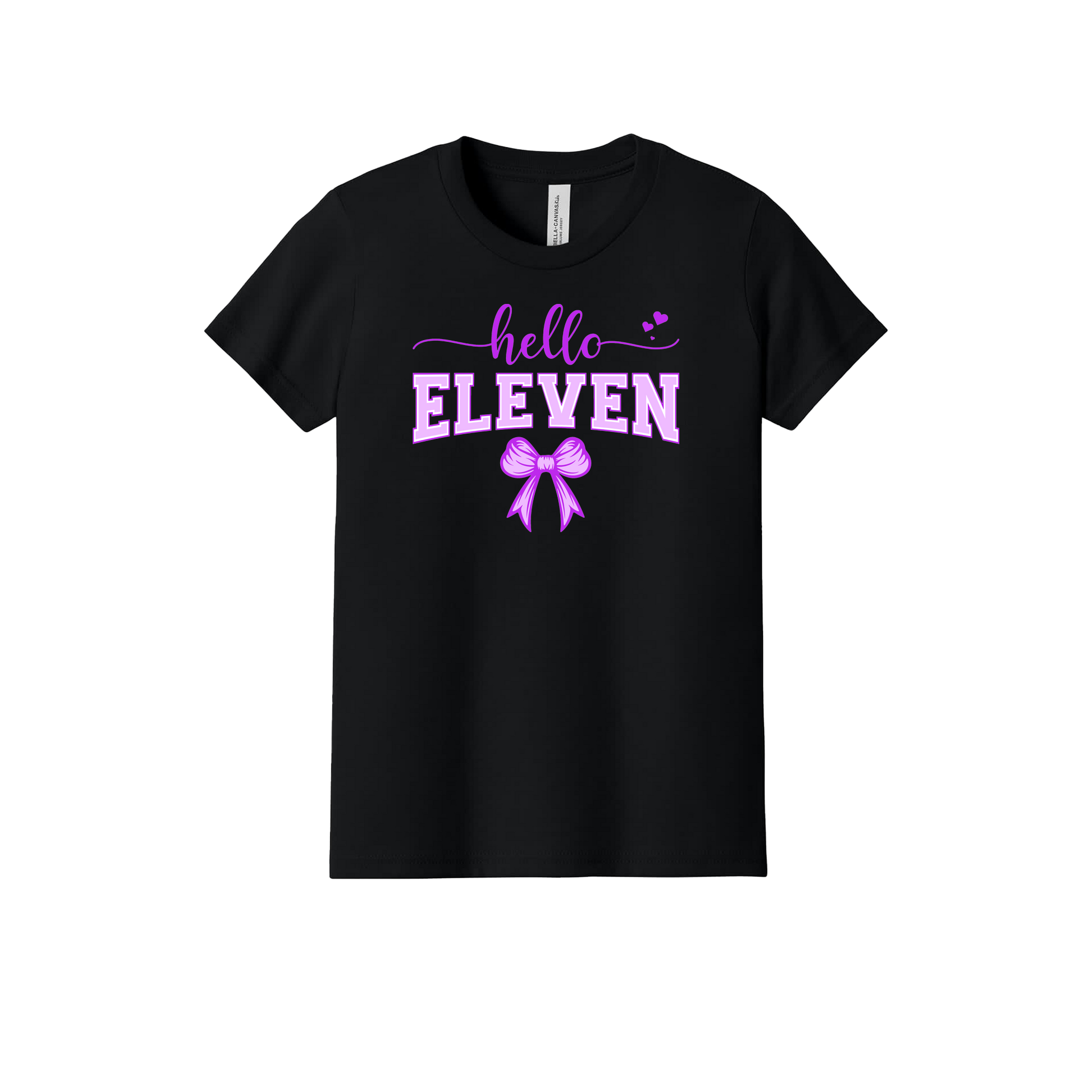 11th Birthday Apparel design on official Youth Bella+Canvas T-shirt in Black, front view.