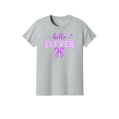 Eleventh Birthday Apparel design on youth tee in gray, front view.