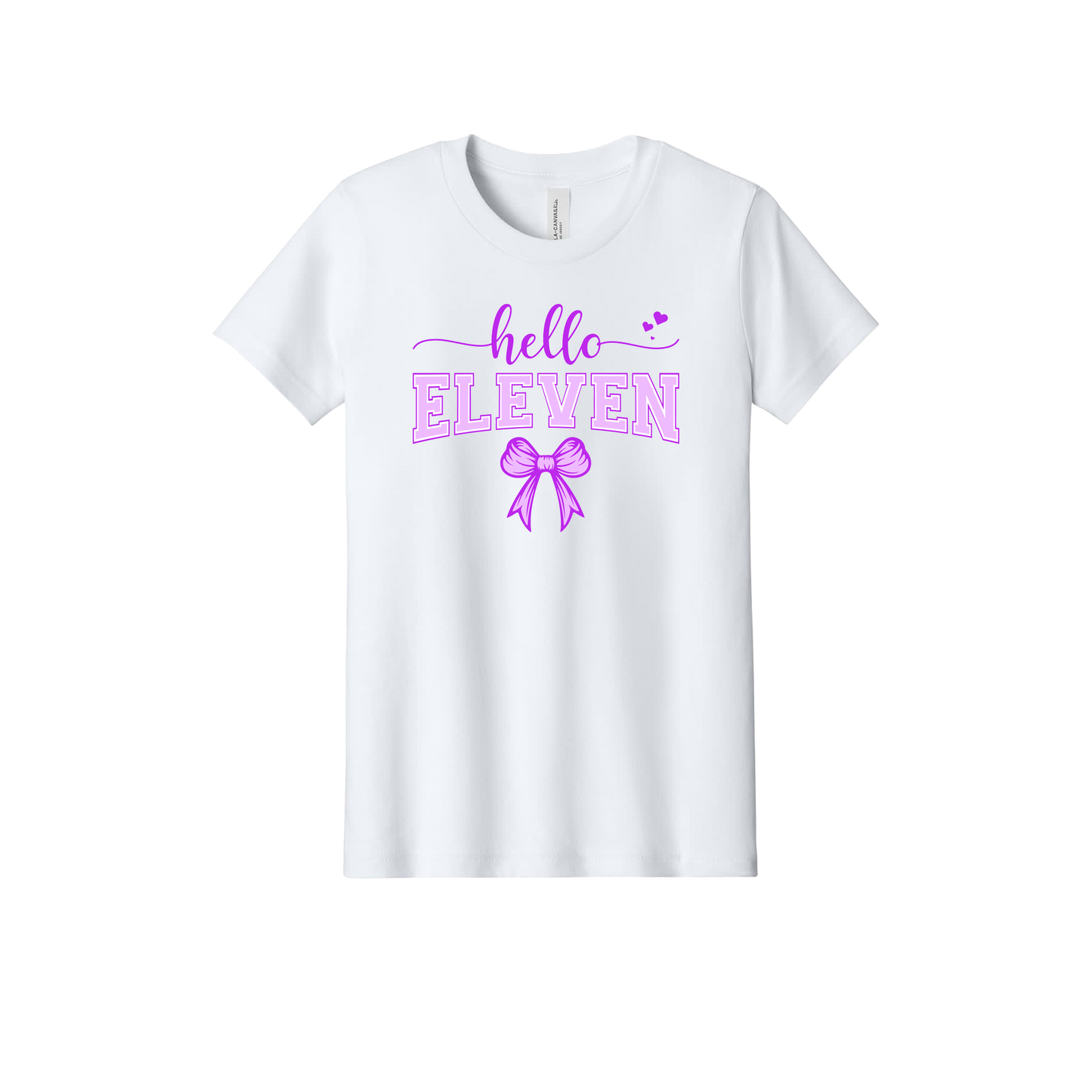 11th Birthday Apparel design on official Youth Bella+Canvas T-shirt in White, front view.