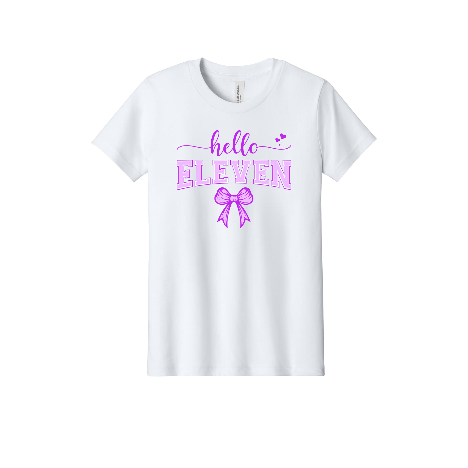 11th Birthday Apparel design on official Youth Bella+Canvas T-shirt in White, front view.