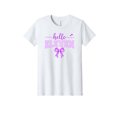 11th Birthday Apparel design on official Youth Bella+Canvas T-shirt in White, front view.