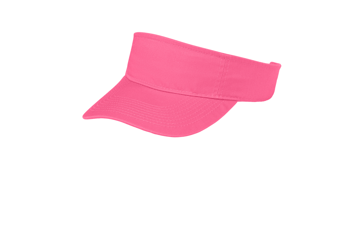 Custom Port Authority fashion visor in Neon Pink, left-side view