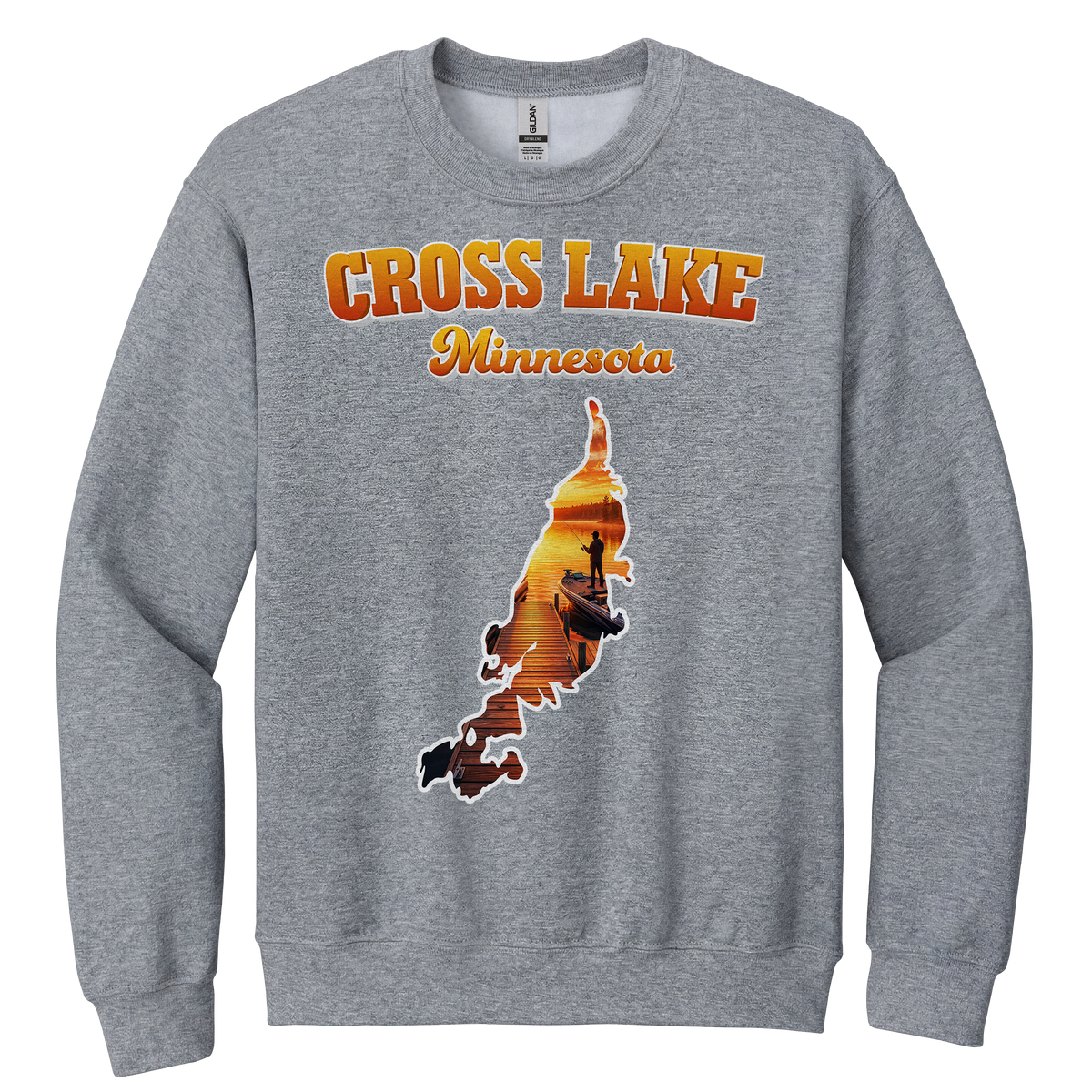 Cross Lake design on Heather Grey crewneck sweatshirt