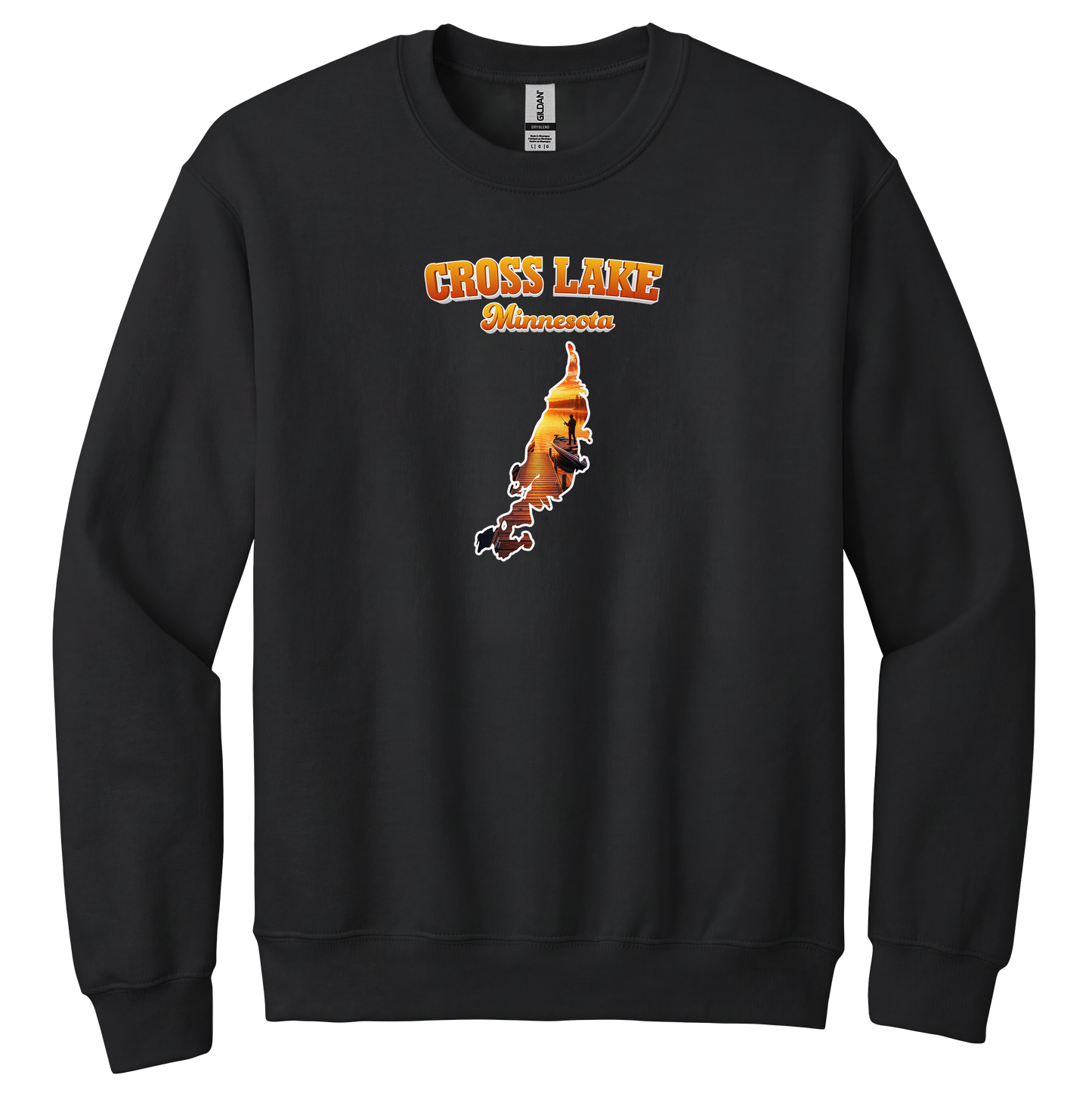 Cross Lake design on Black crewneck sweatshirt