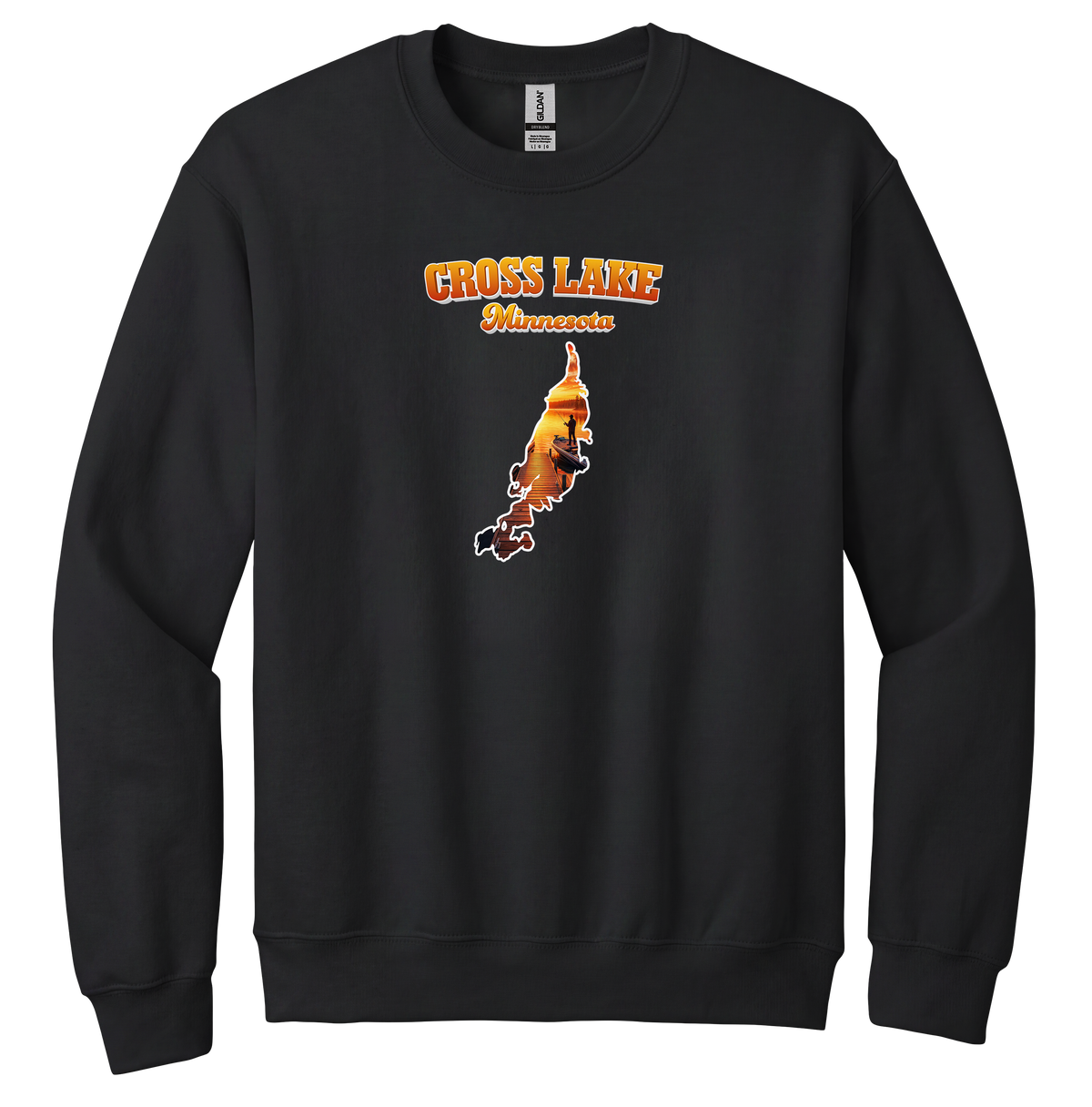 Cross Lake design on Black crewneck sweatshirt
