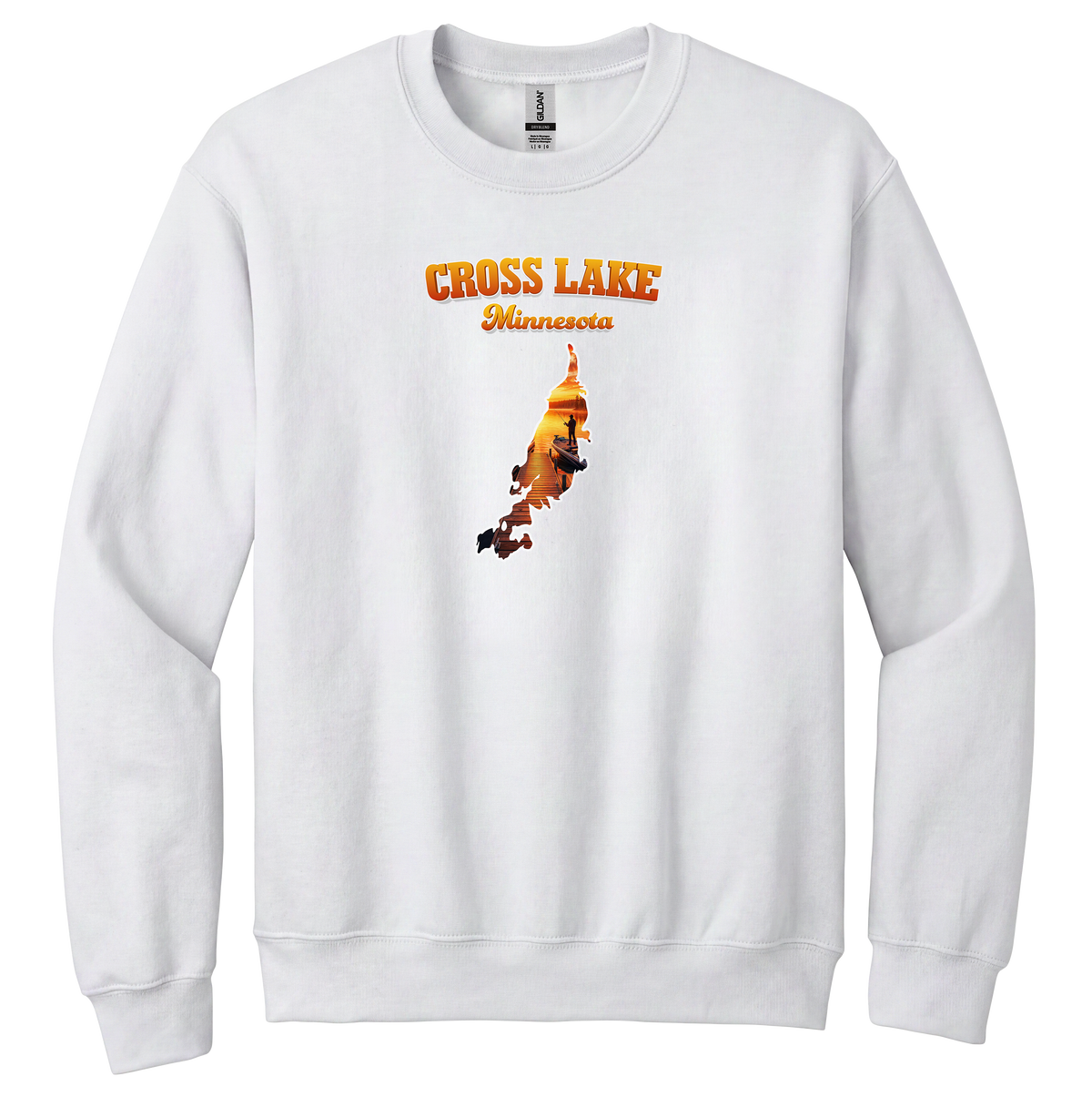 Cross Lake design on White crewneck sweatshirt