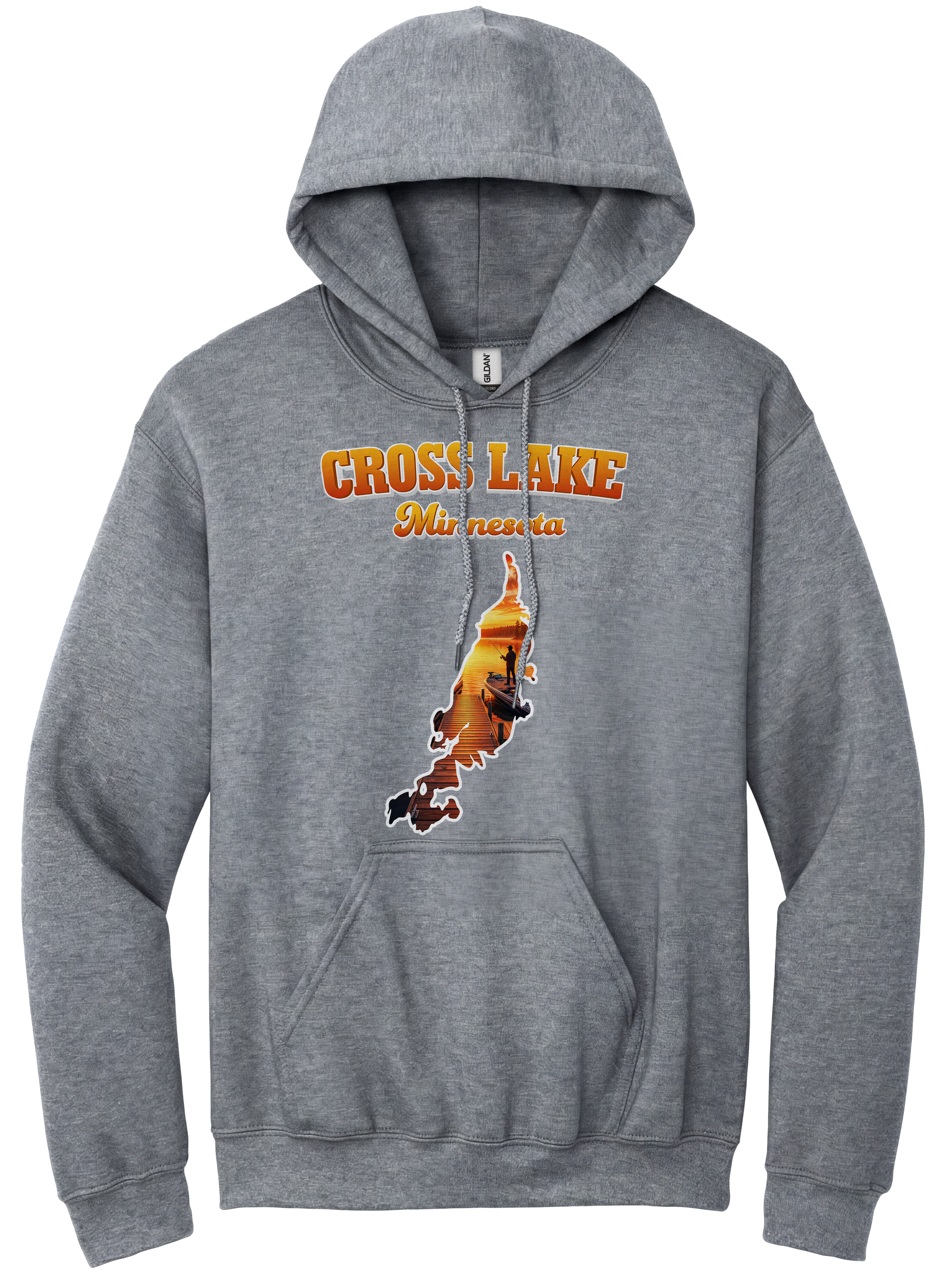 Cross Lake design on Heather Grey hoodie