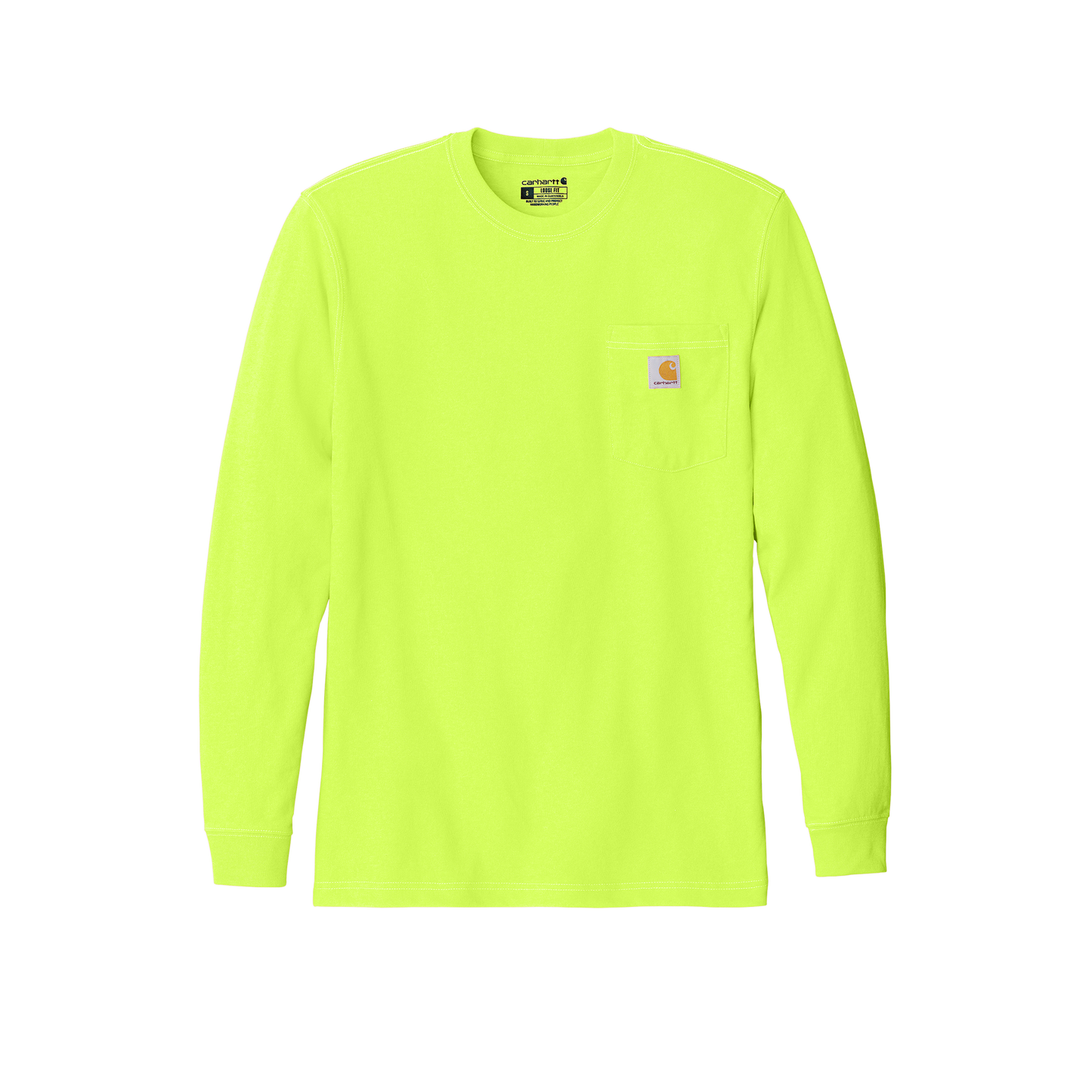 Custom Carhartt long-sleeve pocket work shirt in Brite Lime, front view