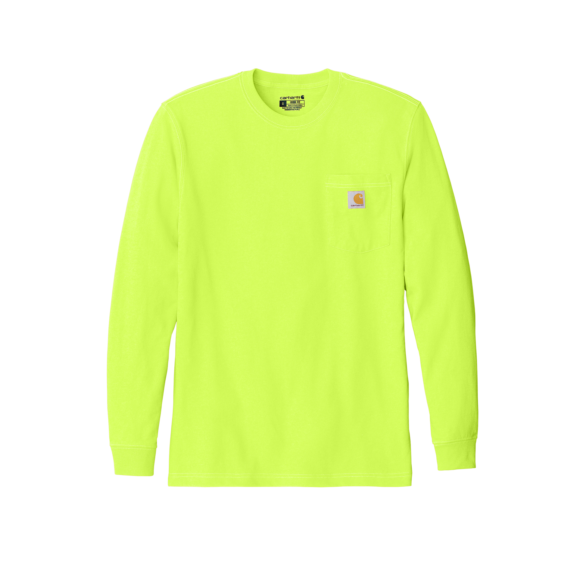 Custom Carhartt long-sleeve pocket work shirt in Brite Lime, front view
