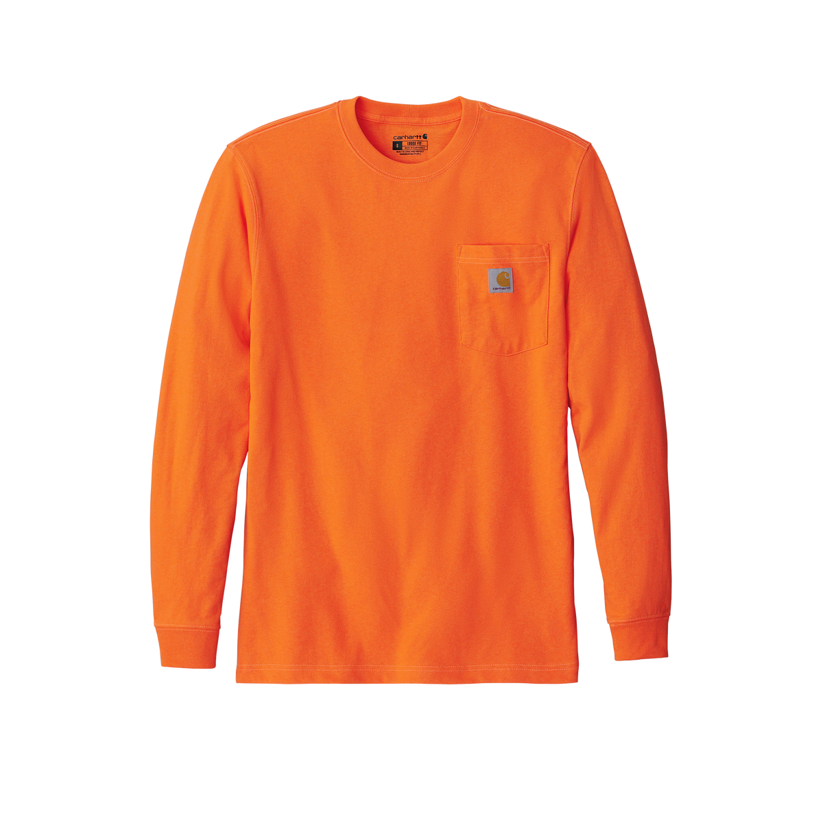 Custom Carhartt long-sleeve pocket work shirt in Brite Orange, front view