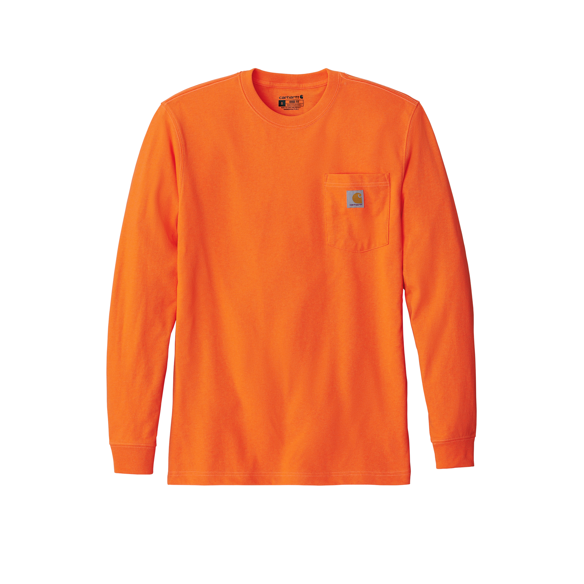 Custom Carhartt long-sleeve pocket work shirt in Brite Orange, front view