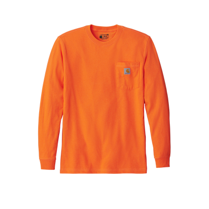Custom Carhartt long-sleeve pocket work shirt in Brite Orange, front view