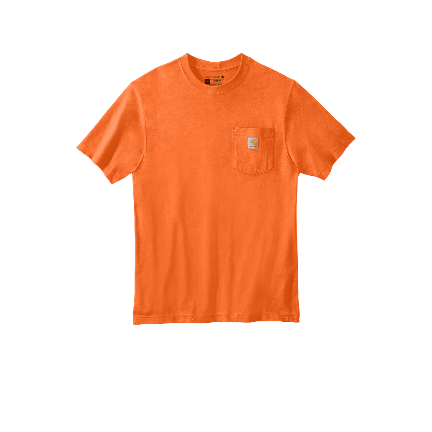 Custom Carhartt short-sleeve pocket T-shirt in Brite Orange, front view