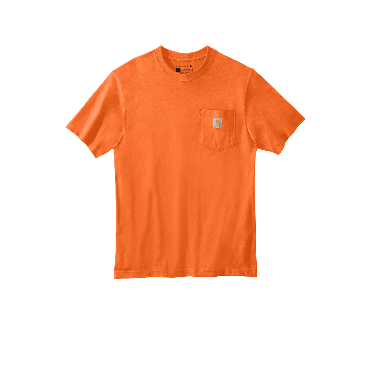 Custom Carhartt short-sleeve pocket T-shirt in Brite Orange, front view