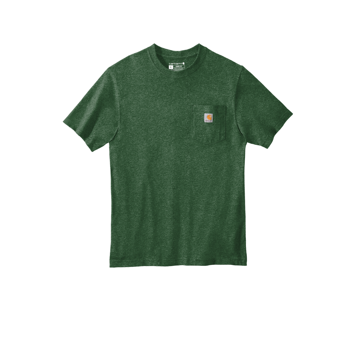 Custom Carhartt short-sleeve pocket T-shirt in Northwoods Heather, front view