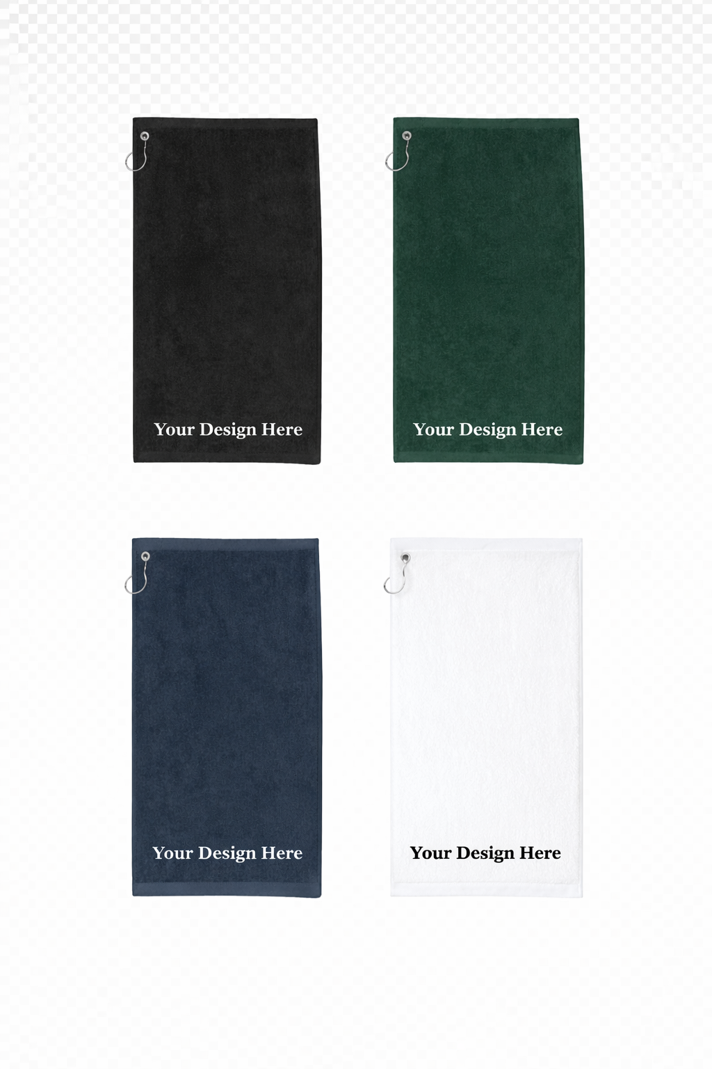 Customizable golf towels arranged in assorted colors