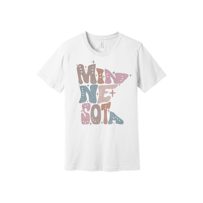 Adult BC3001 White Minnesota Outline artwork - front view.