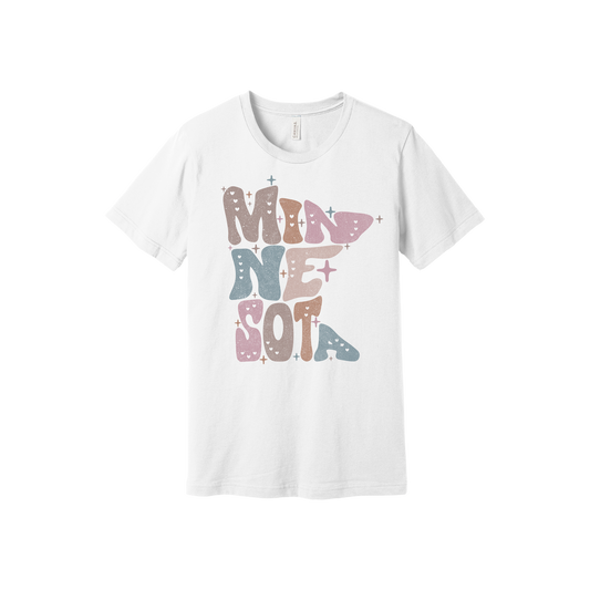 Adult BC3001 White Minnesota Outline artwork - front view.