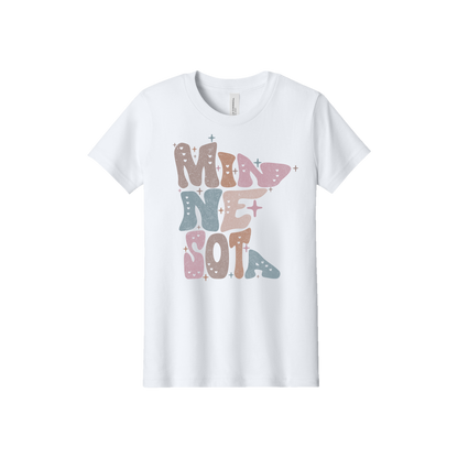 Youth BC3001Y White Minnesota Outline artwork - front view.