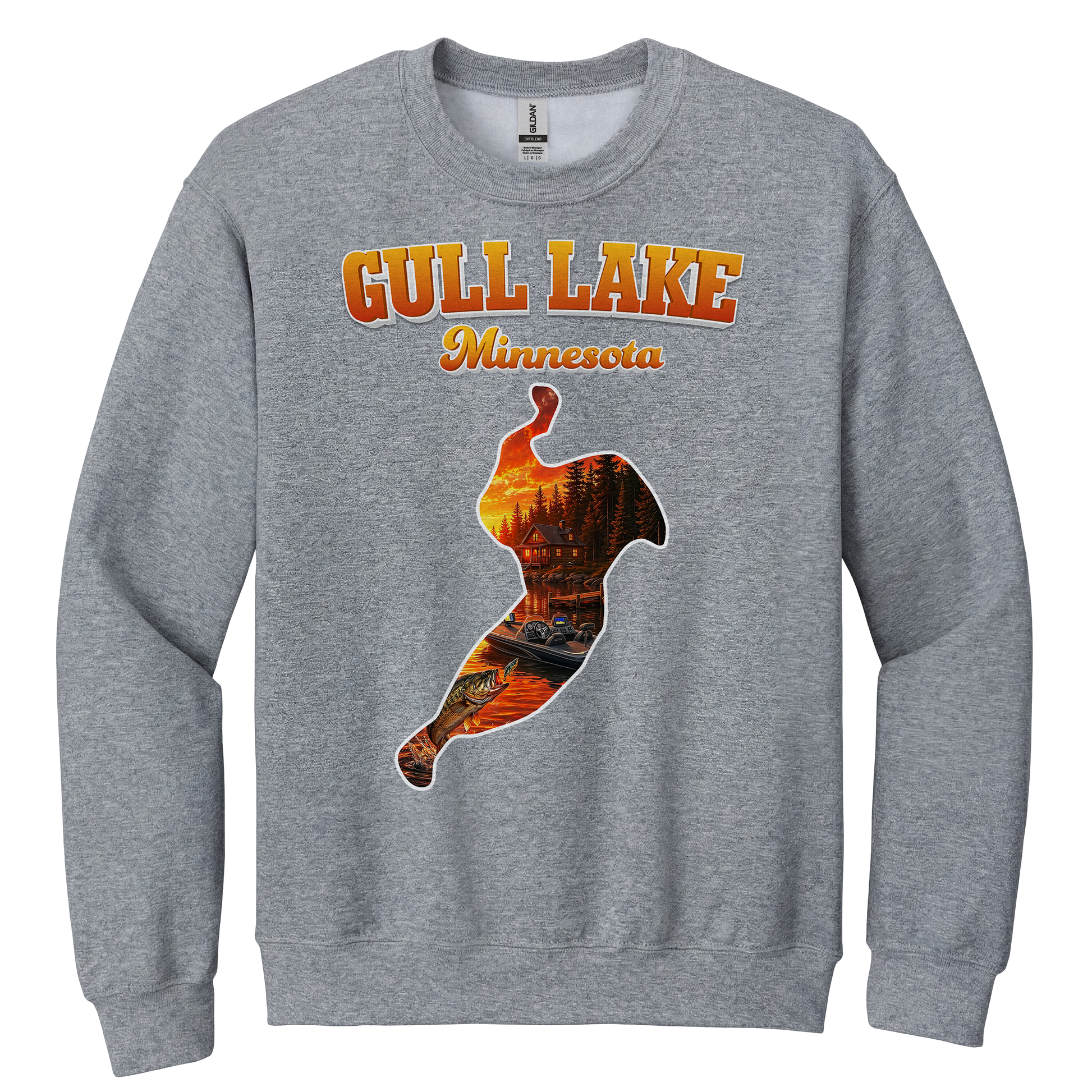 Gull Lake design on Heather Grey crewneck sweatshirt