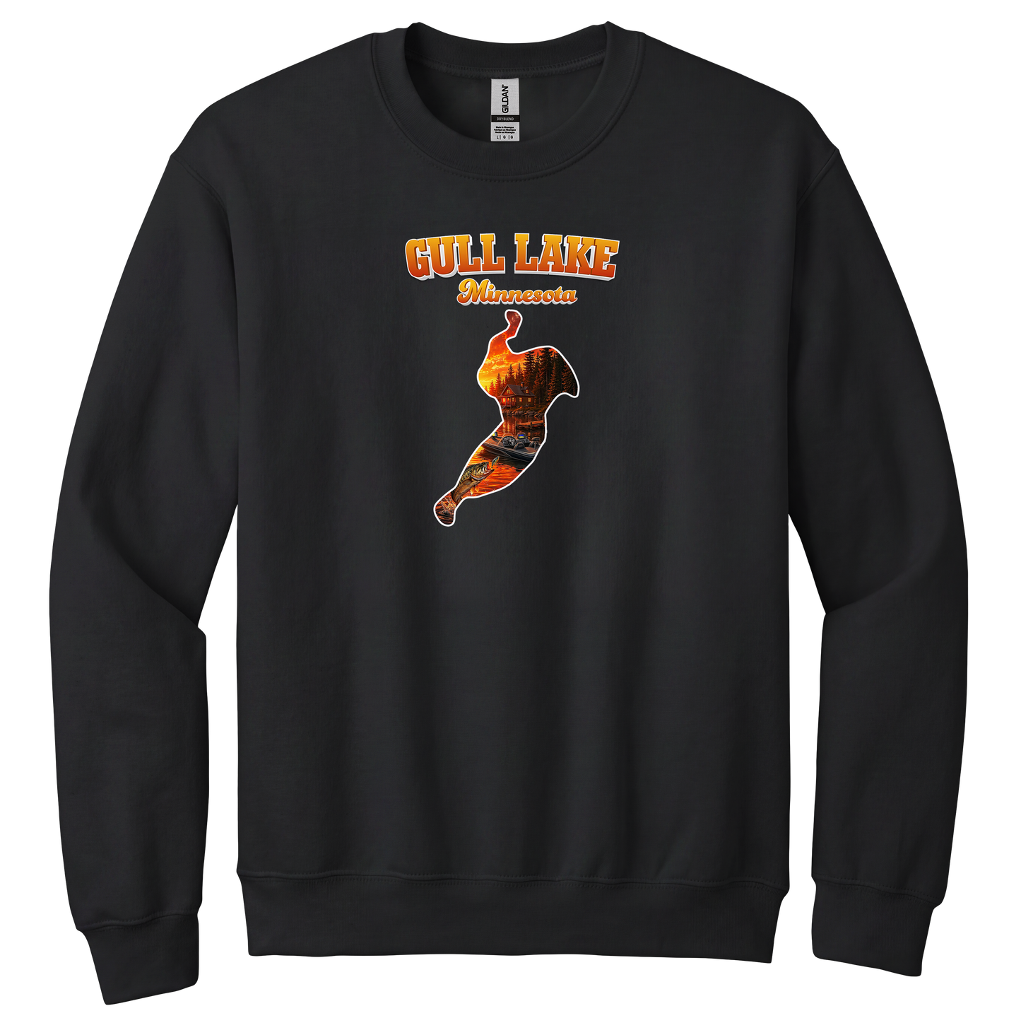 Gull Lake design on Black crewneck sweatshirt