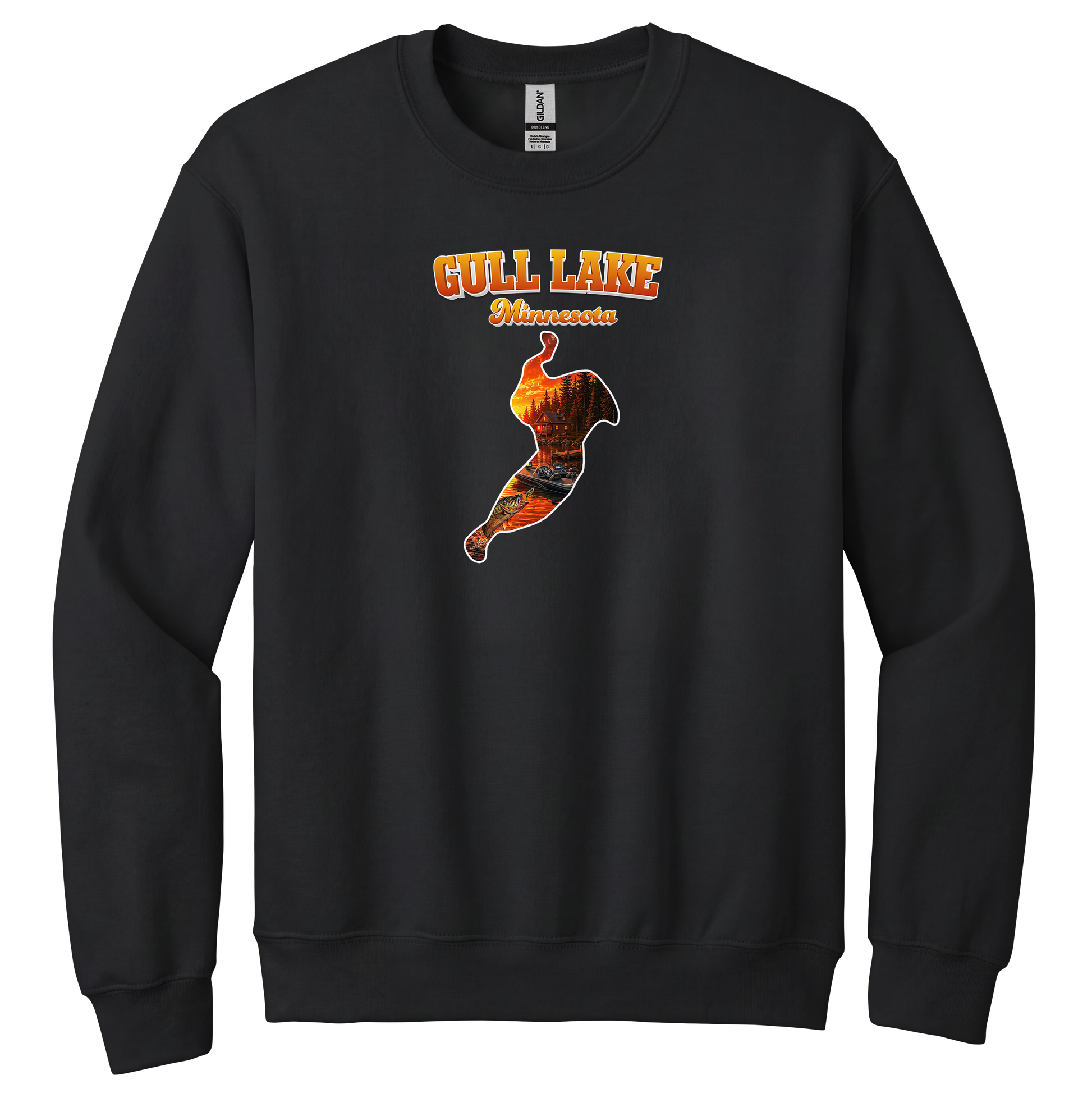 Gull Lake design on Black crewneck sweatshirt