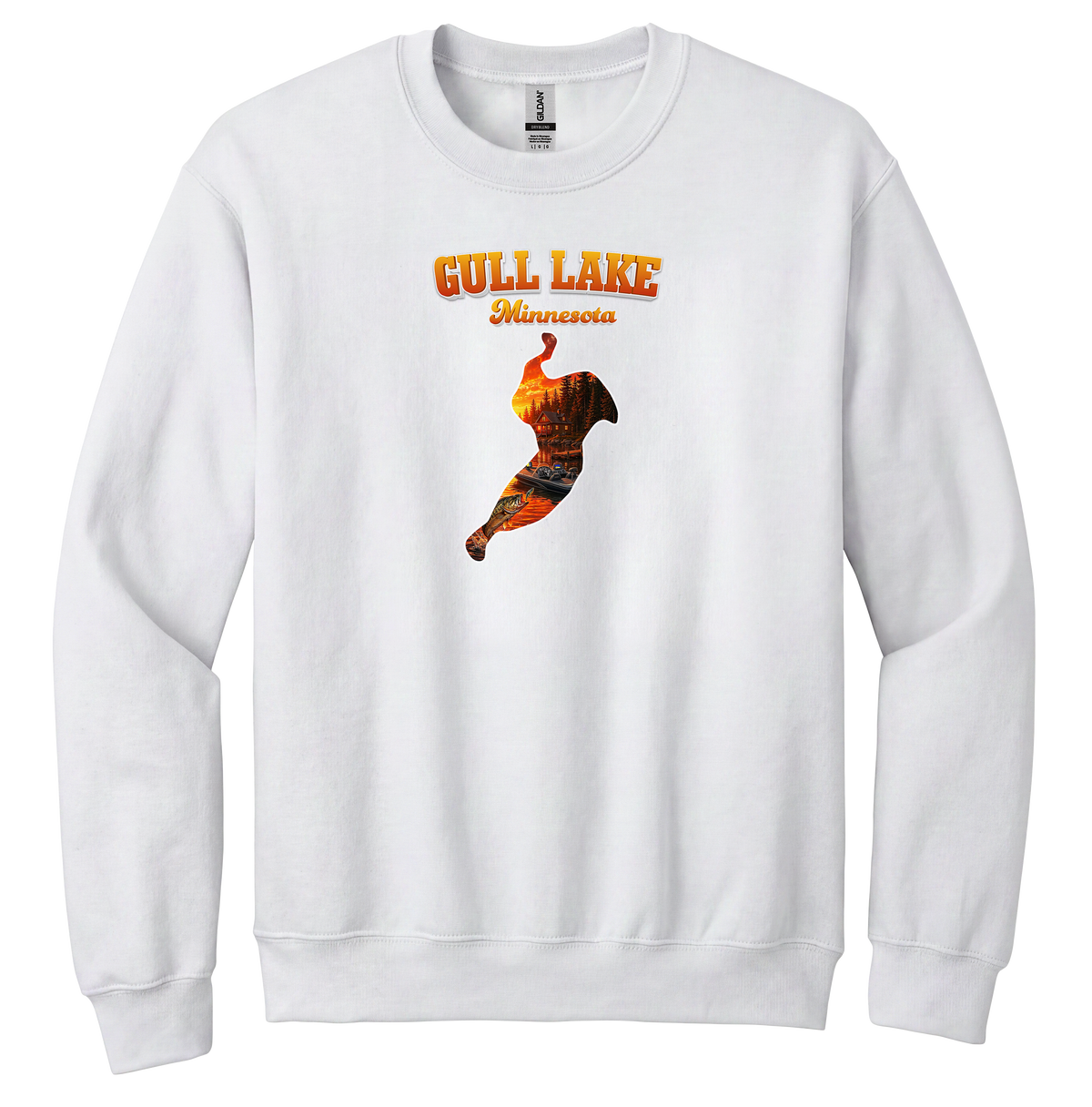 Gull Lake design on White crewneck sweatshirt