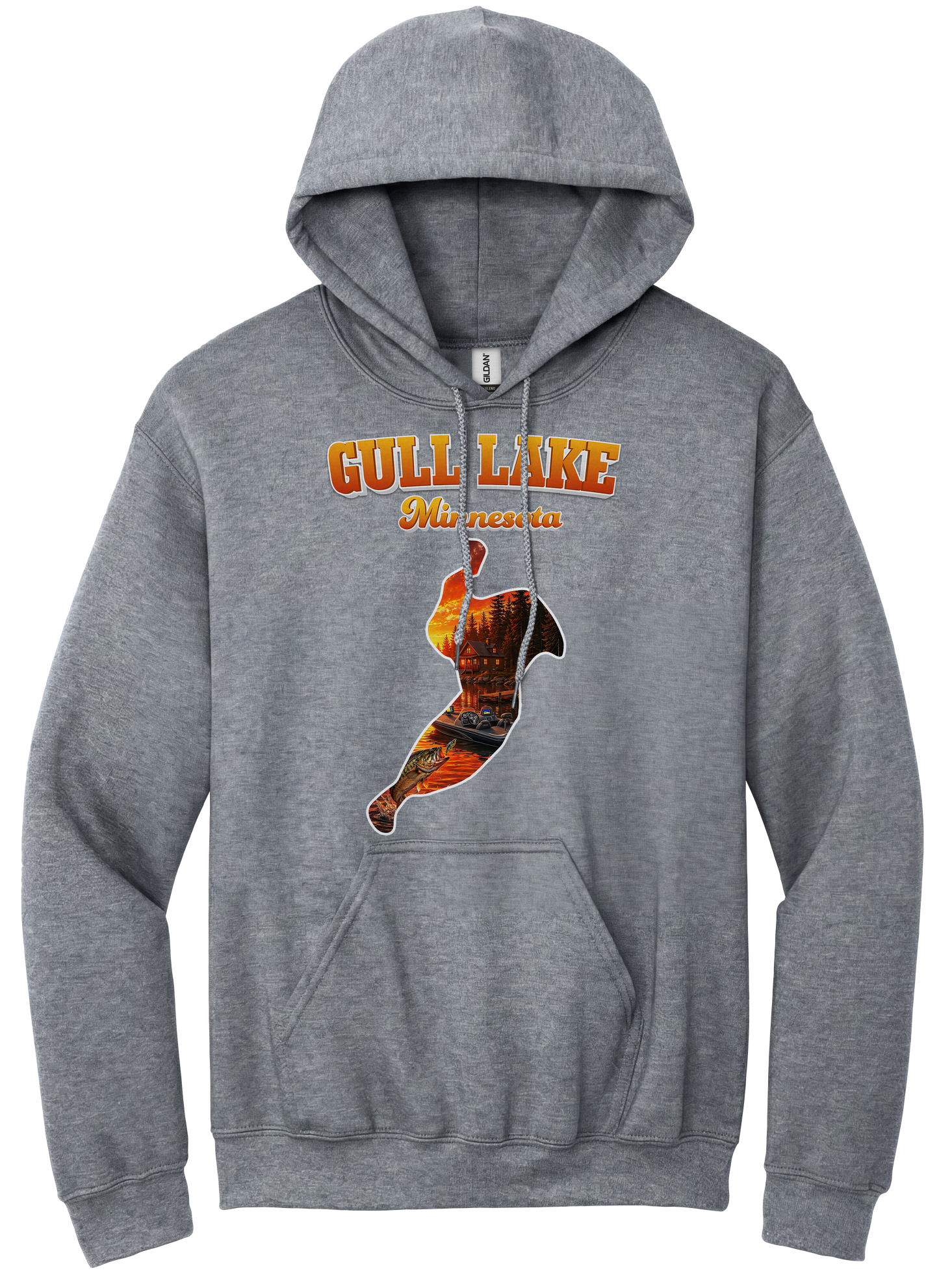 Gull Lake design on Heather Grey hoodie