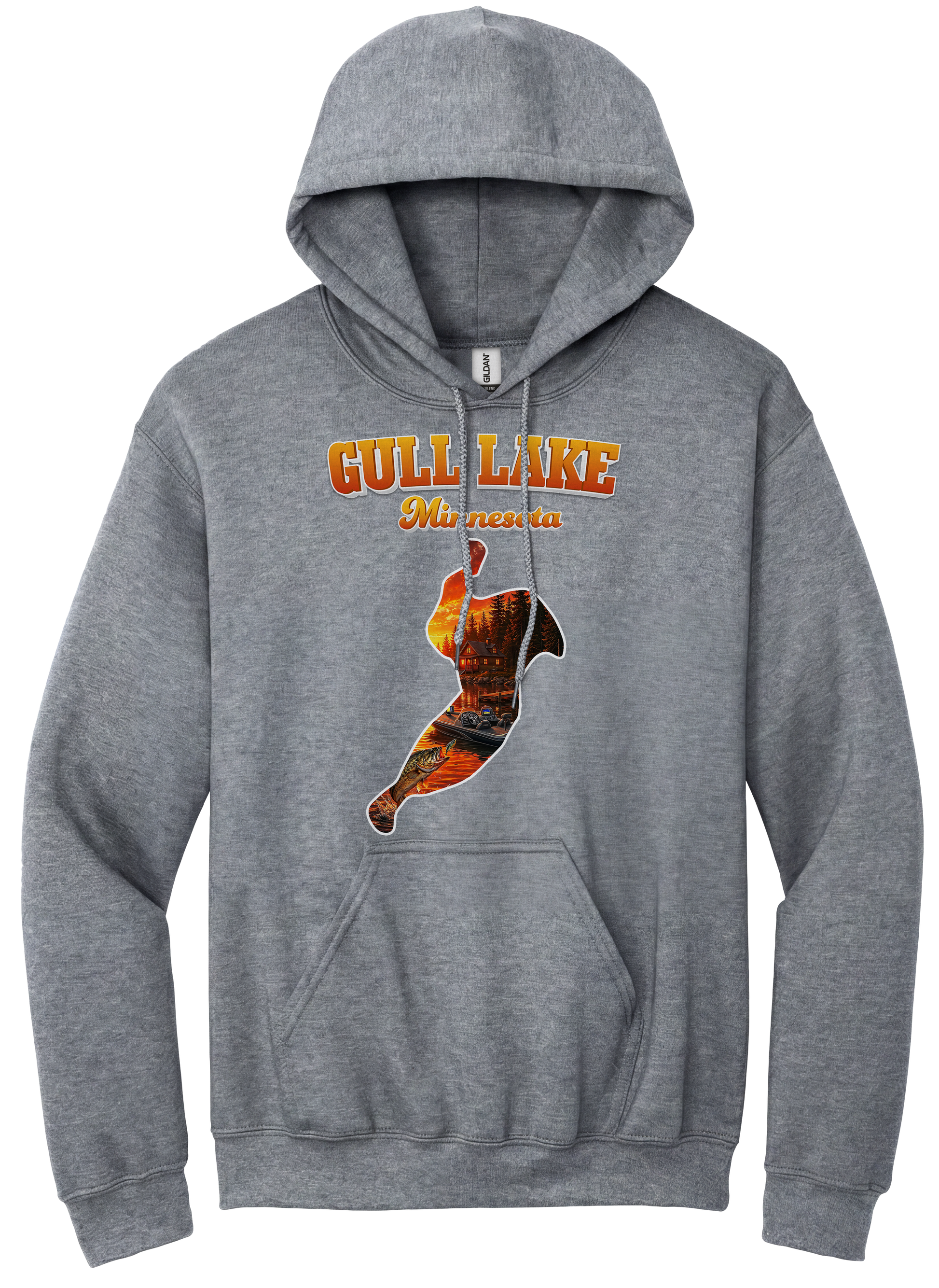 Gull Lake design on Heather Grey hoodie