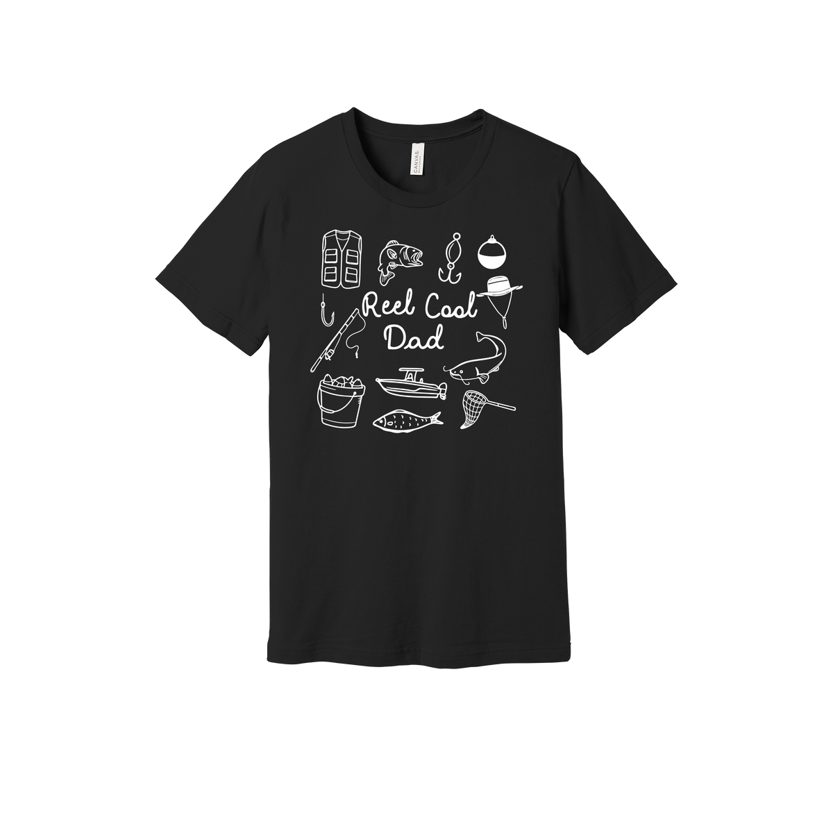 Reel Cool Dad fishing design with fish, rod, boat, hooks, and net on a Black adult T-shirt.