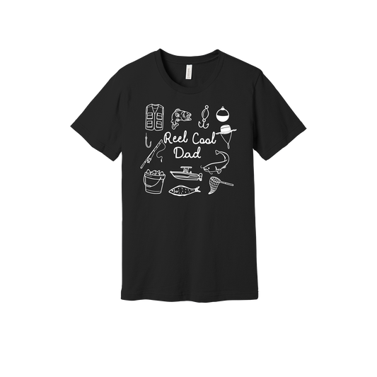 Reel Cool Dad fishing design with fish, rod, boat, hooks, and net on a Black adult T-shirt.