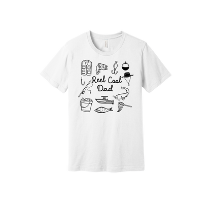 Reel Cool Dad fishing design with fish, rod, boat, hooks, and net on a White adult T-shirt.