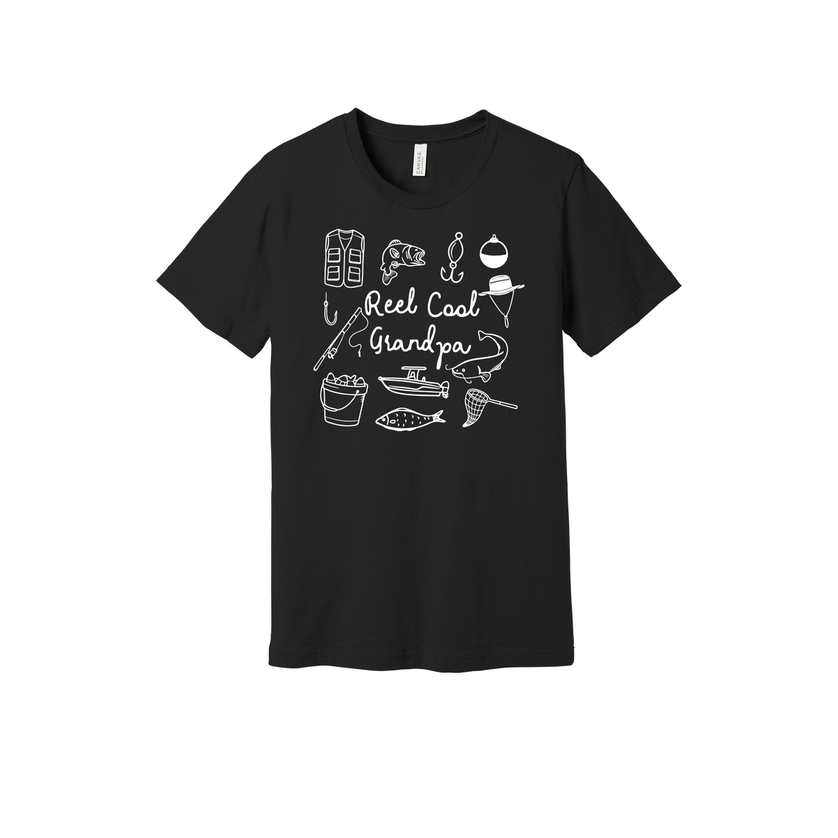 Reel Cool Grandpa fishing design with fish, rod, boat, hooks, and net on a Black adult T-shirt.
