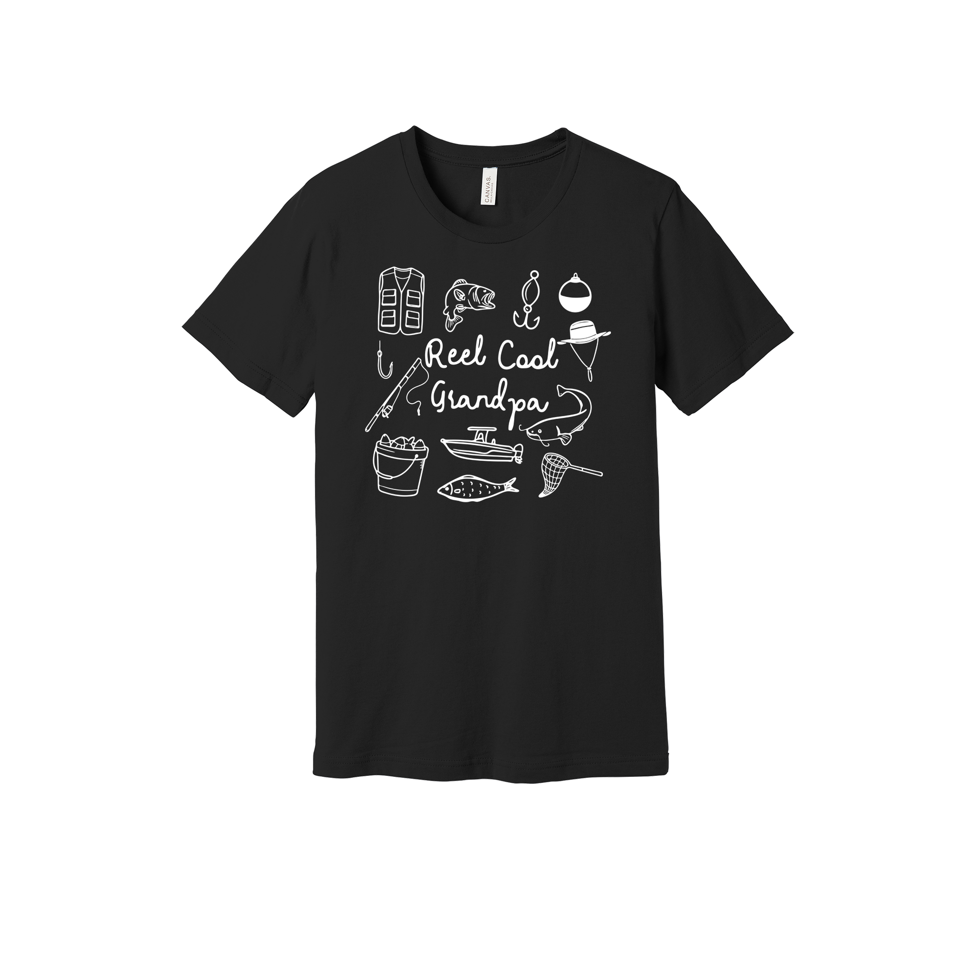 Reel Cool Grandpa fishing design with fish, rod, boat, hooks, and net on a Black adult T-shirt.