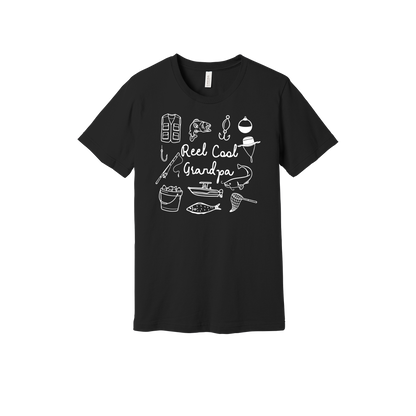Reel Cool Grandpa fishing design with fish, rod, boat, hooks, and net on a Black adult T-shirt.