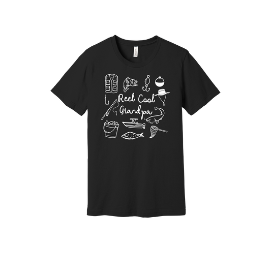 Reel Cool Grandpa fishing design with fish, rod, boat, hooks, and net on a Black adult T-shirt.
