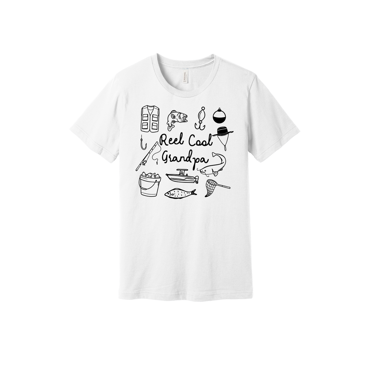 Reel Cool Grandpa fishing design with fish, rod, boat, hooks, and net on a White adult T-shirt.