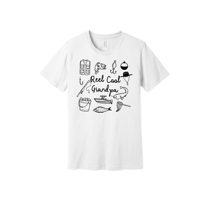 Reel Cool Grandpa fishing design with fish, rod, boat, hooks, and net on a White adult T-shirt.